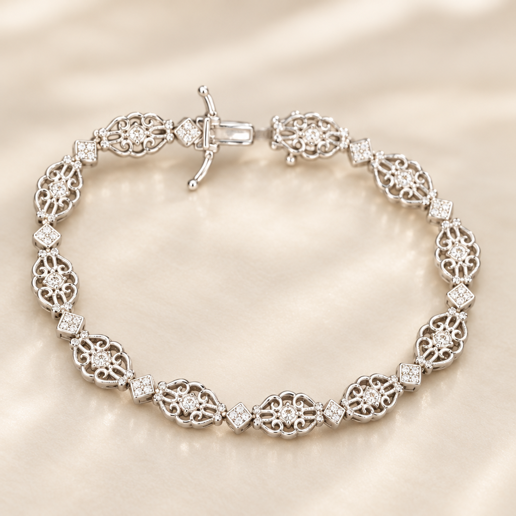 Angled view of intricate white gold scroll links and diamond accents