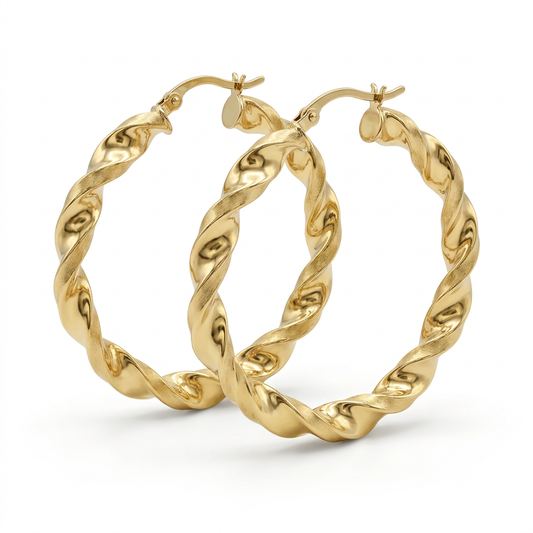 Pair of 10K yellow gold twisted hoop earrings on a white background