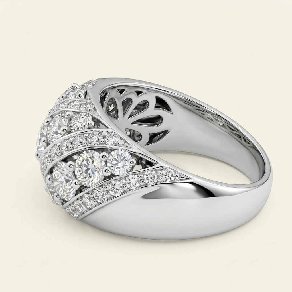 Side view of diamond cocktail ring with polished white gold shoulder