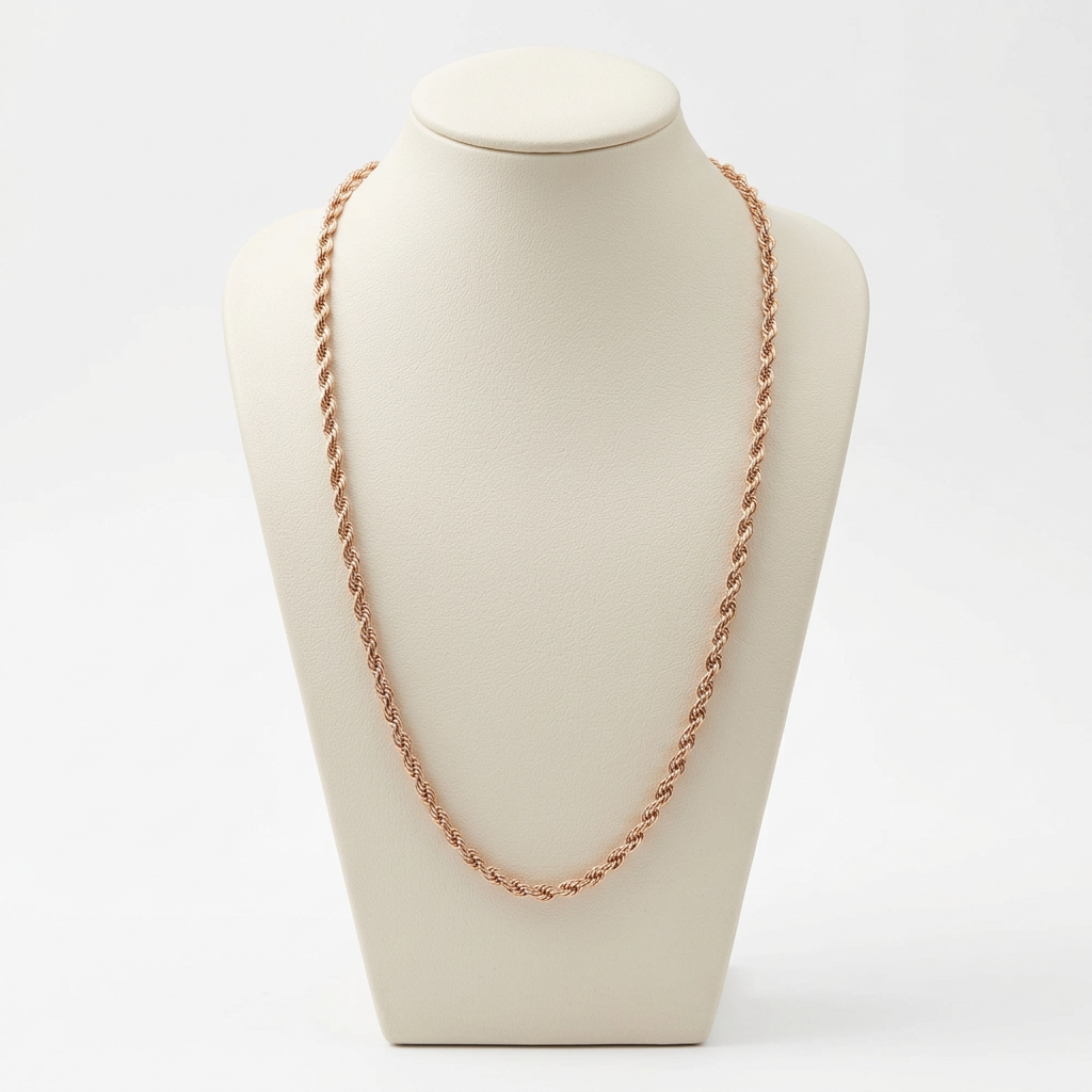 14K rose gold 3.75 mm rope chain necklace displayed on an ivory bust