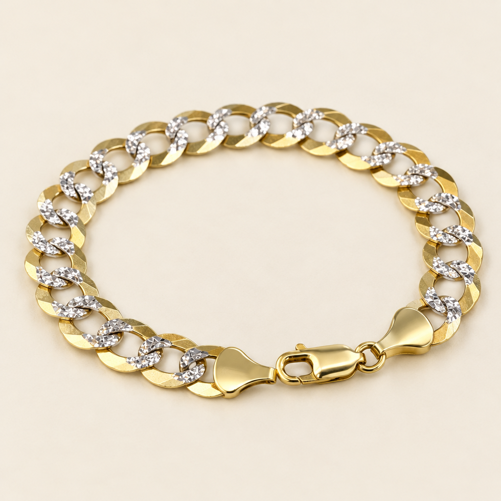 Angled studio view of 8-inch yellow gold diamond-cut curb bracelet
