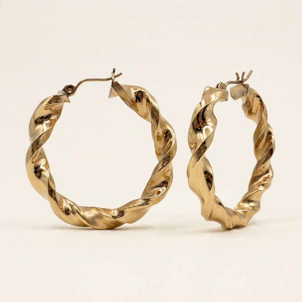 Front and angled views of 10K yellow gold twisted ribbon hoop earrings