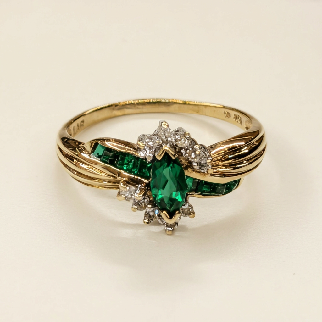 Detail of the marquise synthetic emerald and diamond accents on G117