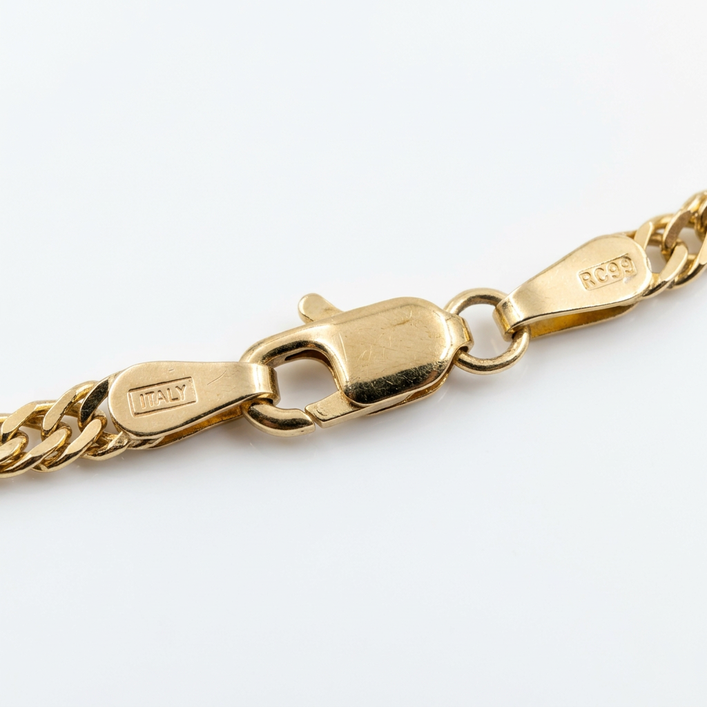 Lobster clasp and end tabs of the yellow gold chain