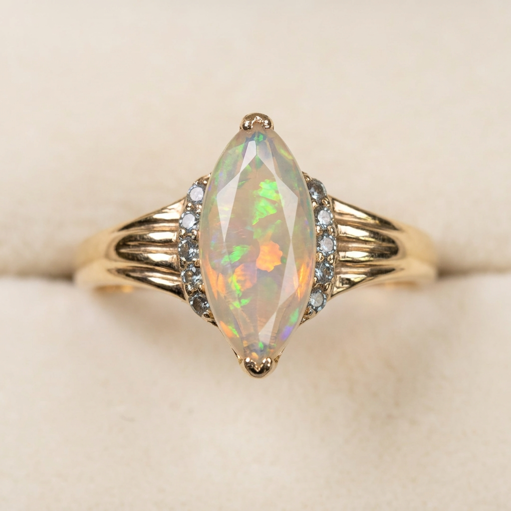 Front detail of R260 marquise opalescent center and sculpted yellow gold shoulders