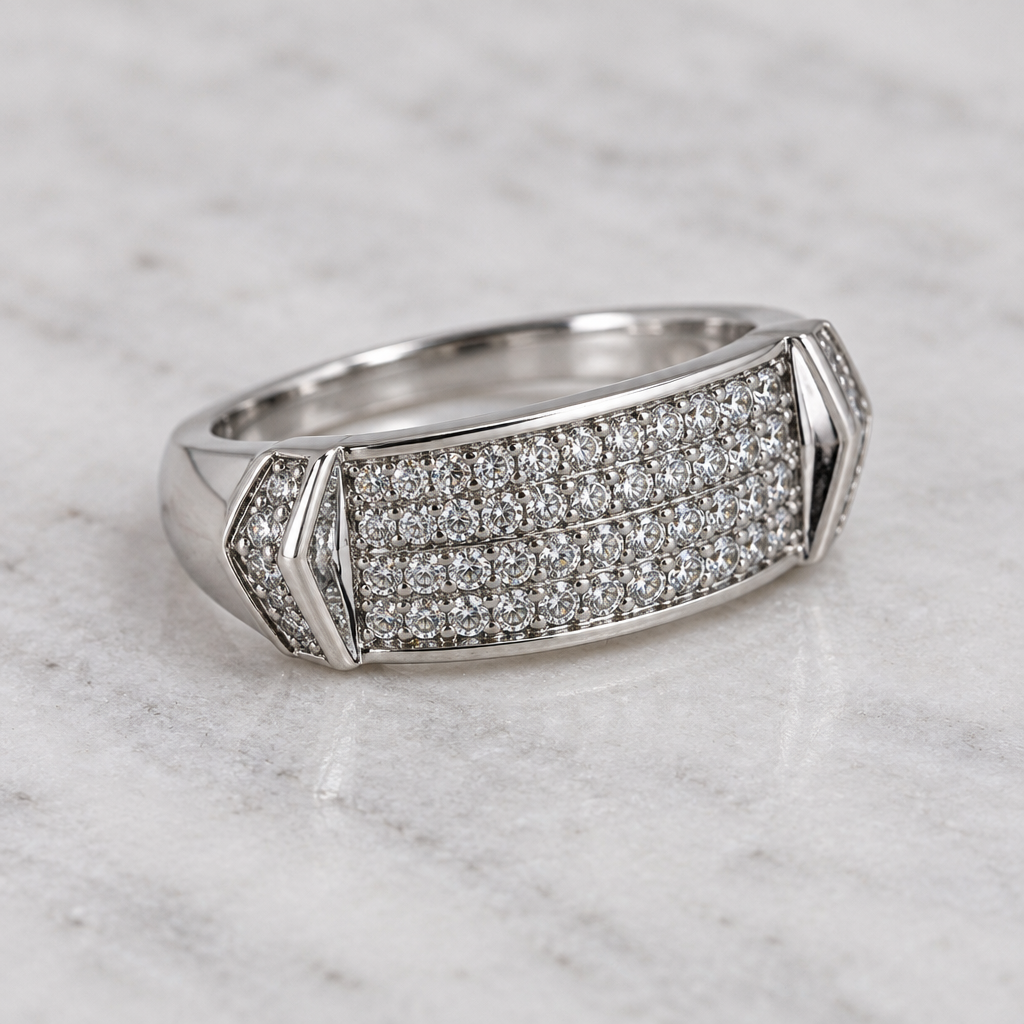Angled view of white gold diamond ring showing tapered band