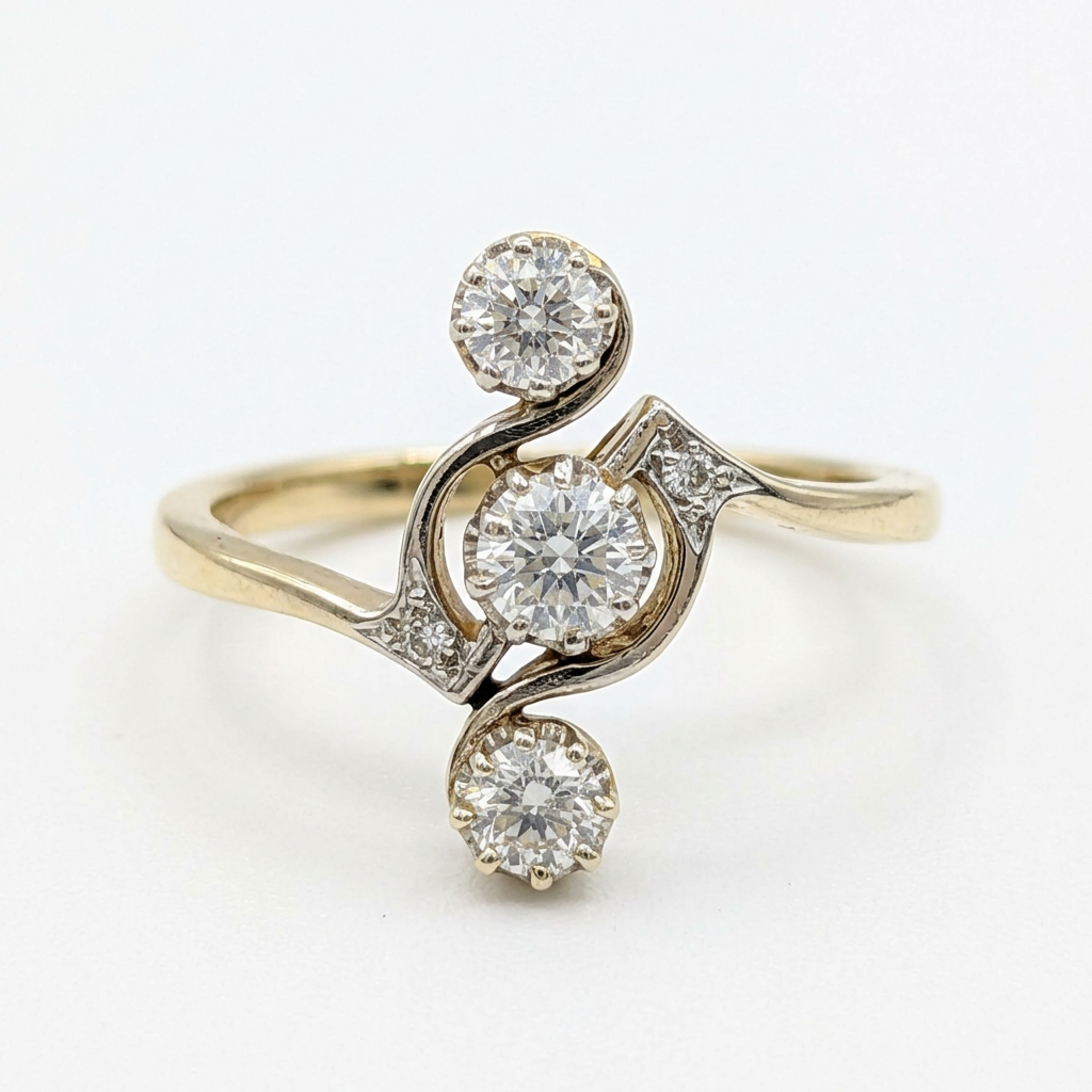 Front view of R2448 three-diamond swirl ring with decorative shoulders