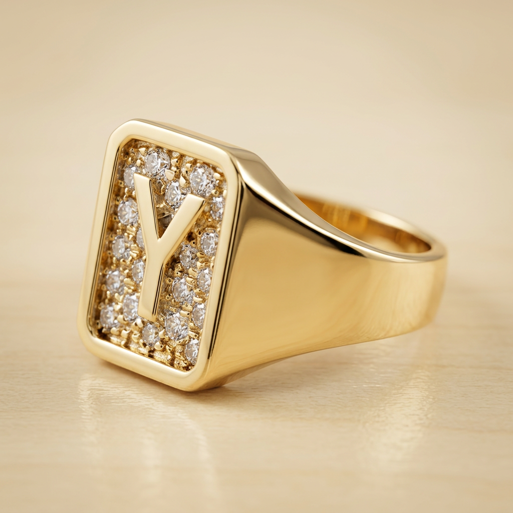 Angled view of yellow gold Y initial ring and tapered shoulder