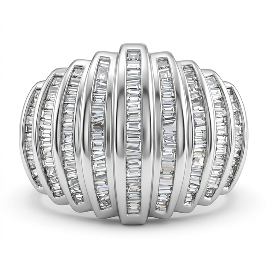 Front view of 14K white gold graduated baguette diamond dome ring