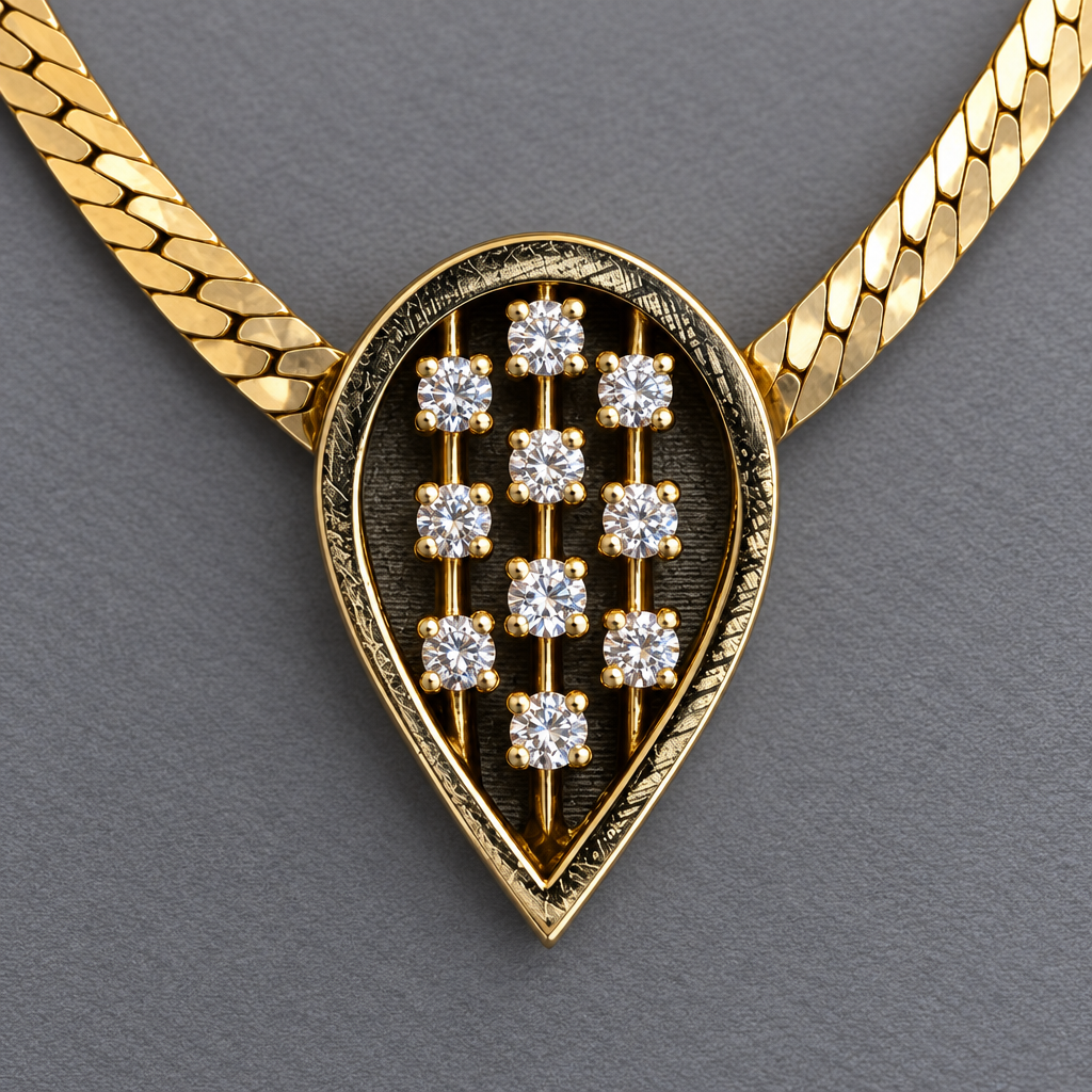 Close-up of the diamond cluster teardrop pendant on the necklace