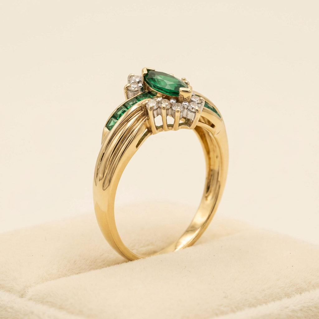 Side view of G117 showing the yellow gold split shoulders and gemstone setting