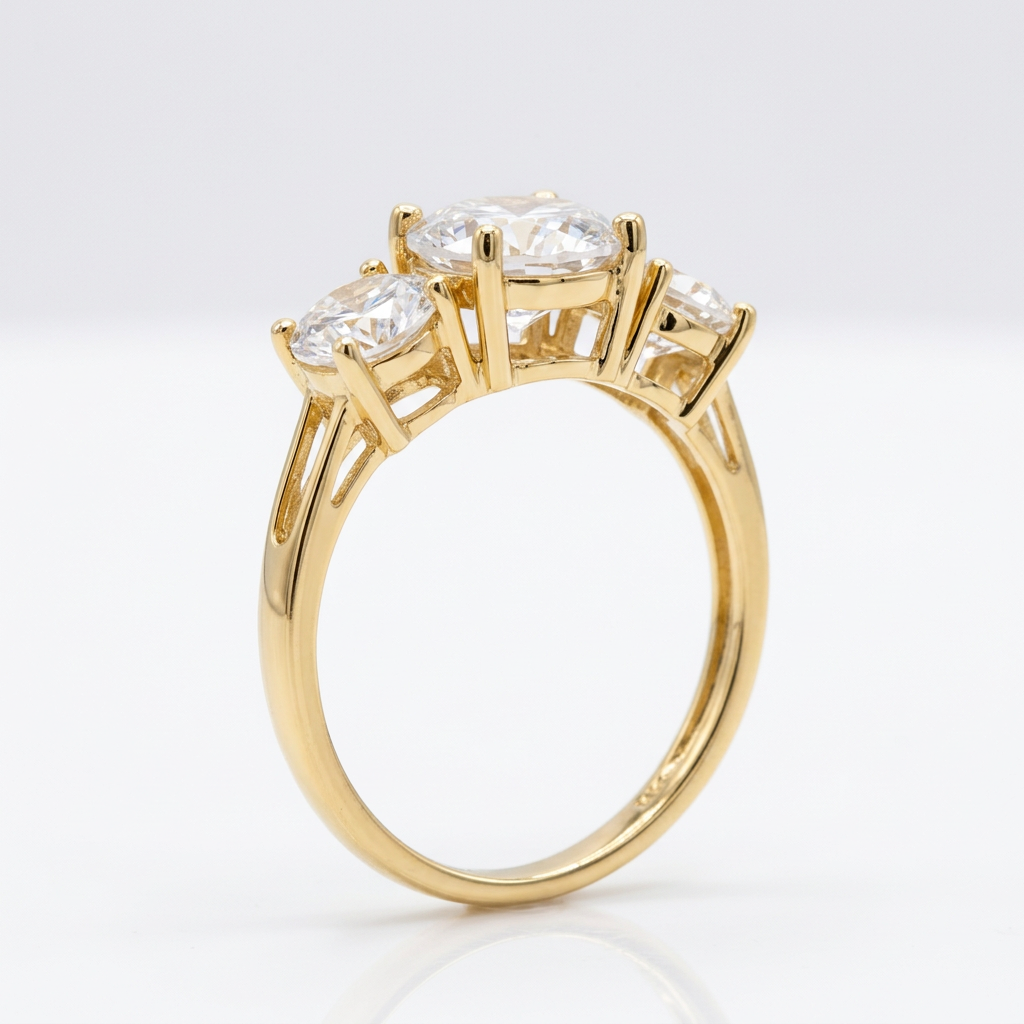 Side view of three-stone CZ ring showing raised prong baskets and open shoulders
