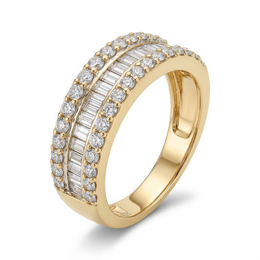 Three-quarter view of R2407 14K yellow gold baguette and round diamond band