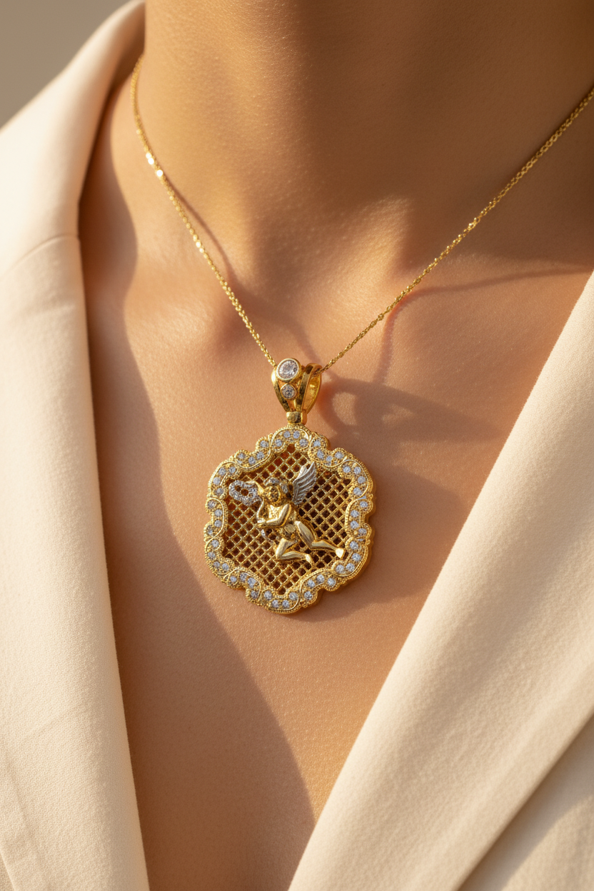 10K Yellow Gold Cherub Angel Pendant – Lifestyle Worn on Neck