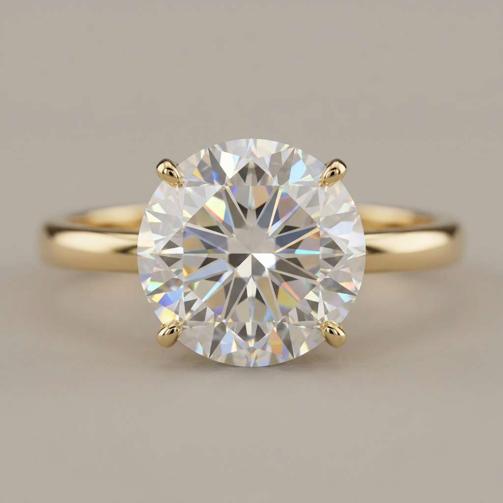 Close-up of round cubic zirconia and four-prong yellow gold setting