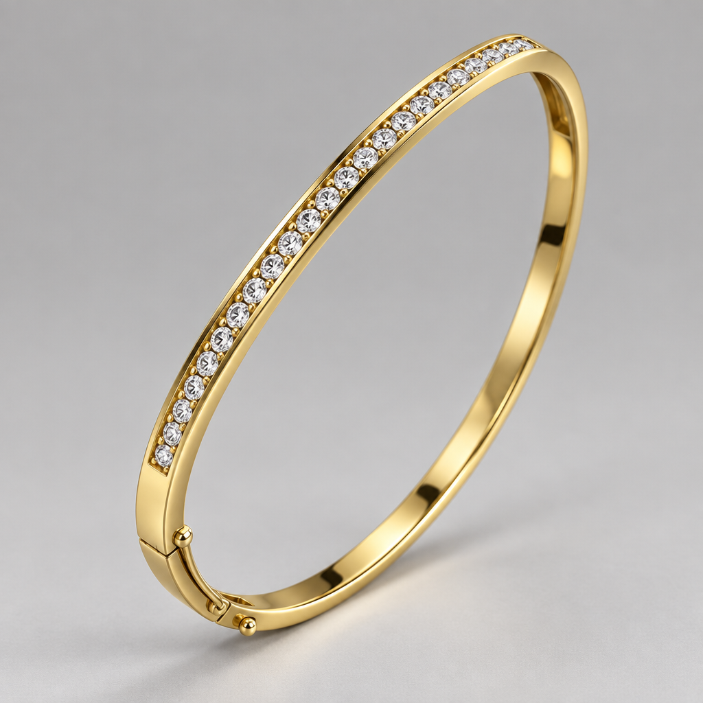 Close-up of channel-set diamonds on the gold bangle