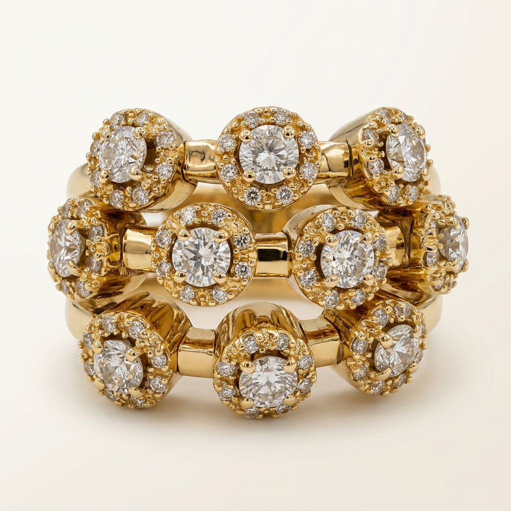 Front view of R2418 14K yellow gold Diamonds in Motion halo ring