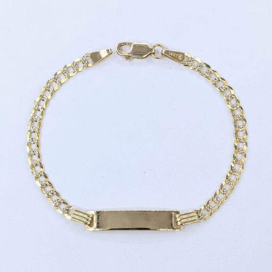 14K yellow gold diamond-cut curb link ID bracelet with polished plate, full oval view