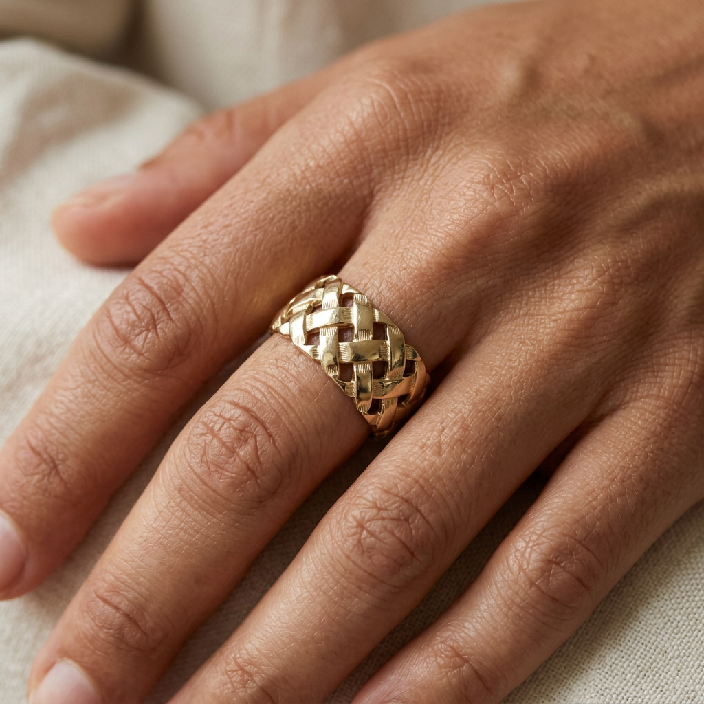 G098 yellow gold basket weave ring worn on a hand