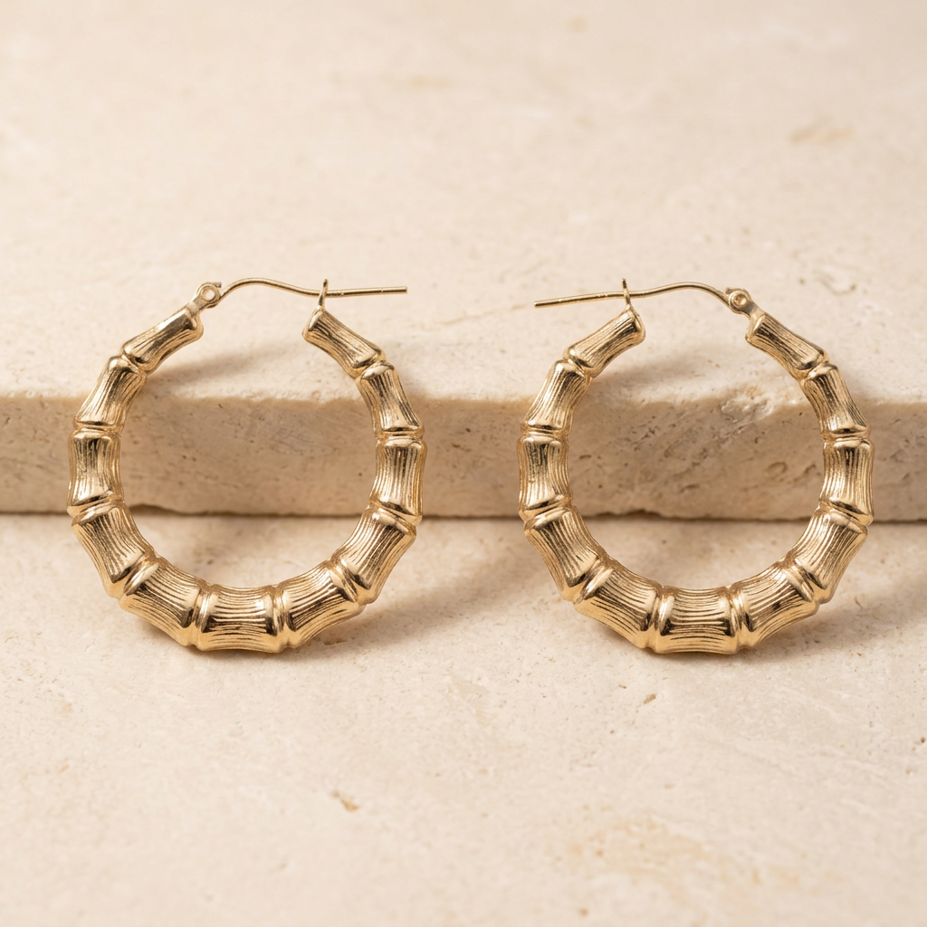10K yellow gold bamboo hoop earrings styled on cream stone