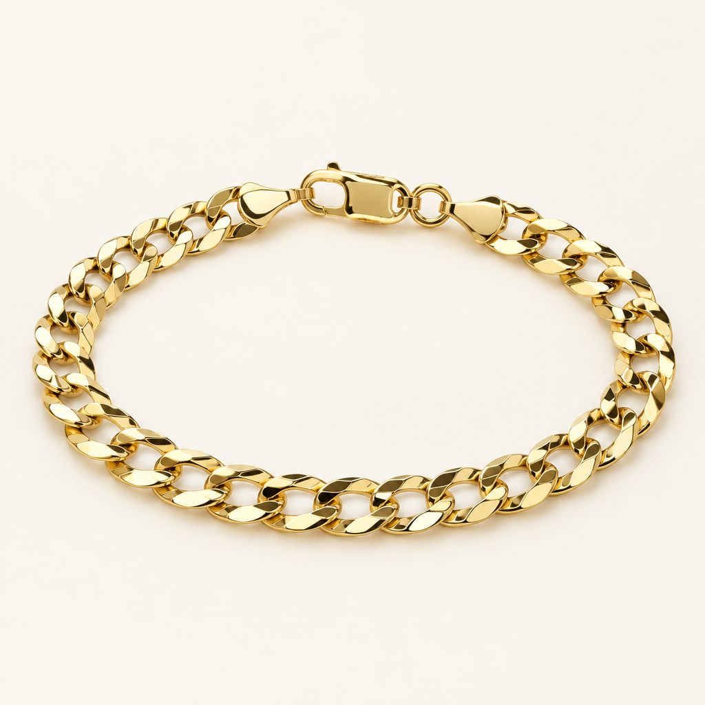 Angled view of the yellow gold curb link bracelet and lobster clasp
