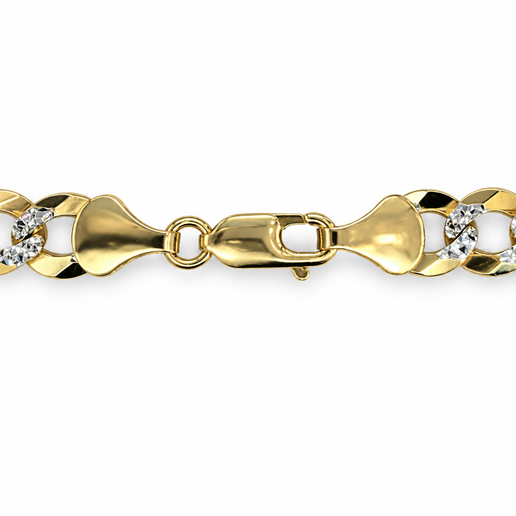 Close-up of lobster clasp and diamond-cut curb links