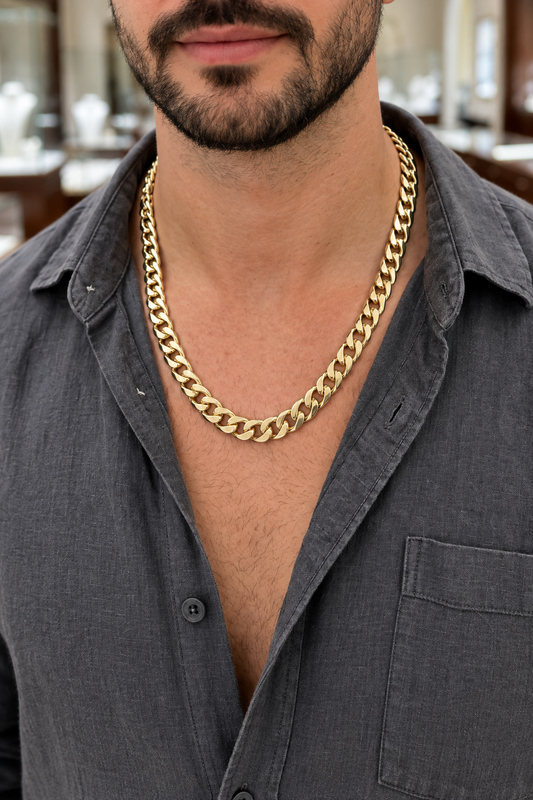 Gold Cuban link chain worn with the model's upper face cropped out
