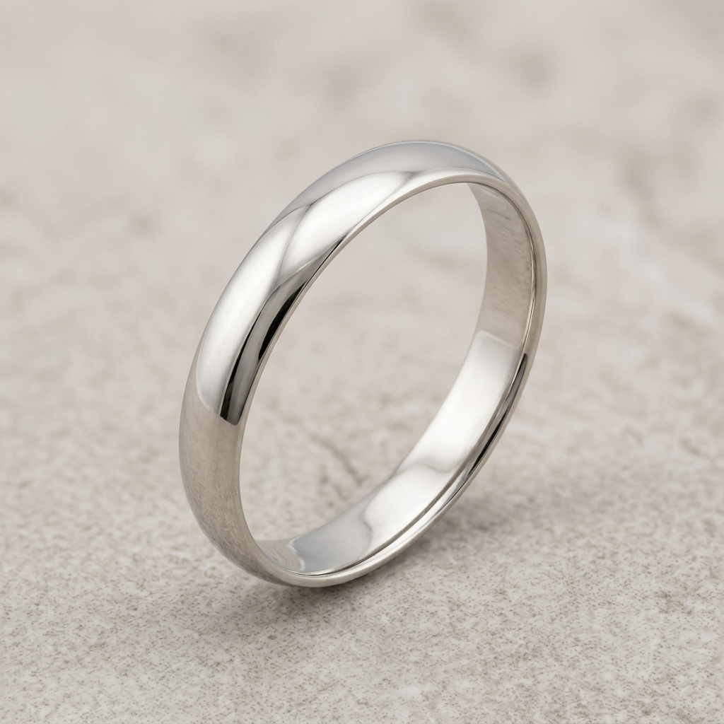 G400 white gold wedding band showing polished exterior and slim profile