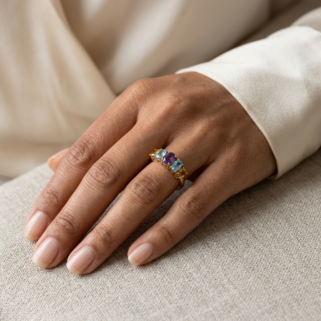 R273 multi-color yellow gold ring worn on a hand