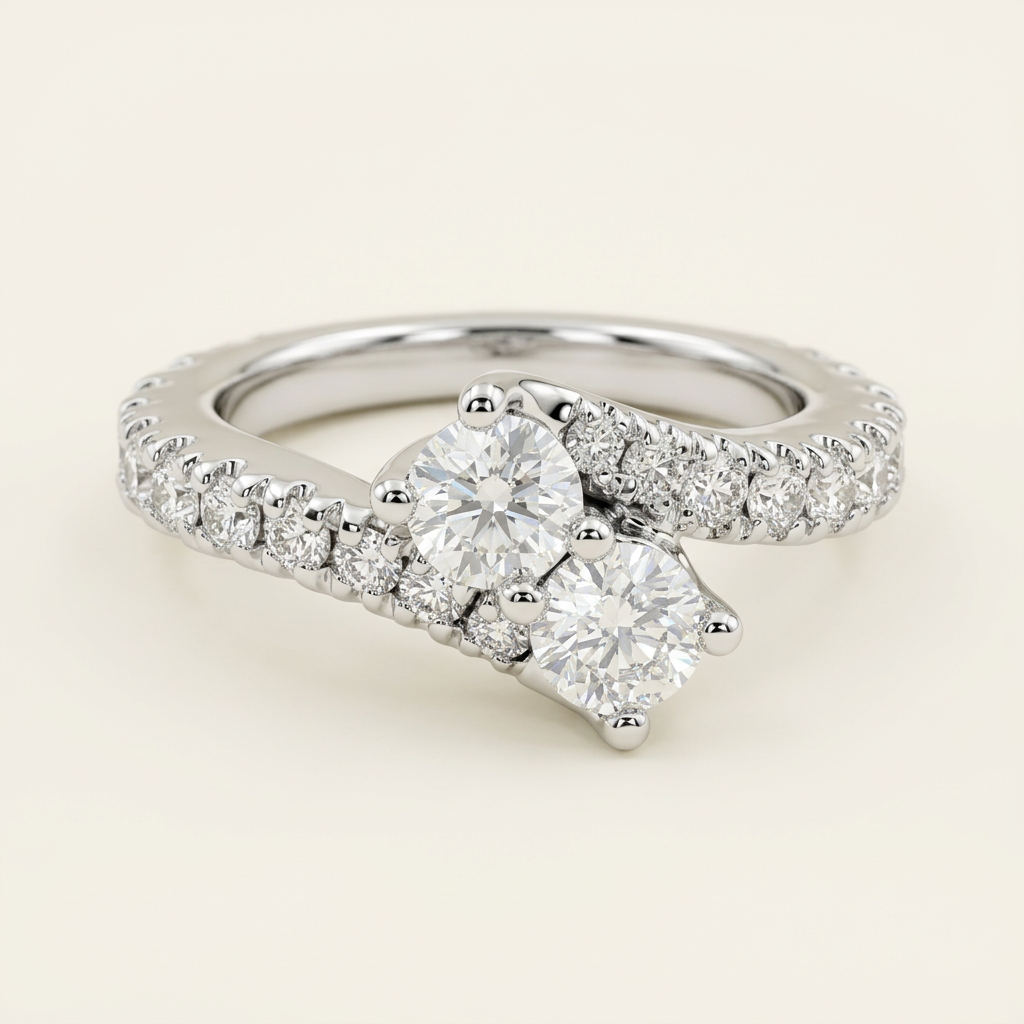 Close-up of R2420 two-stone diamond ring and diamond-set bypass shoulders