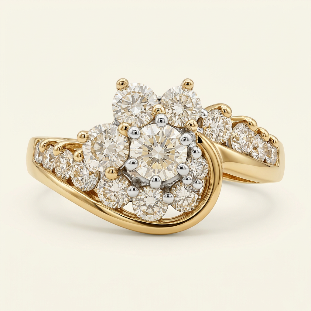 G202 natural diamond cluster and yellow gold sweeping shoulders, close-up