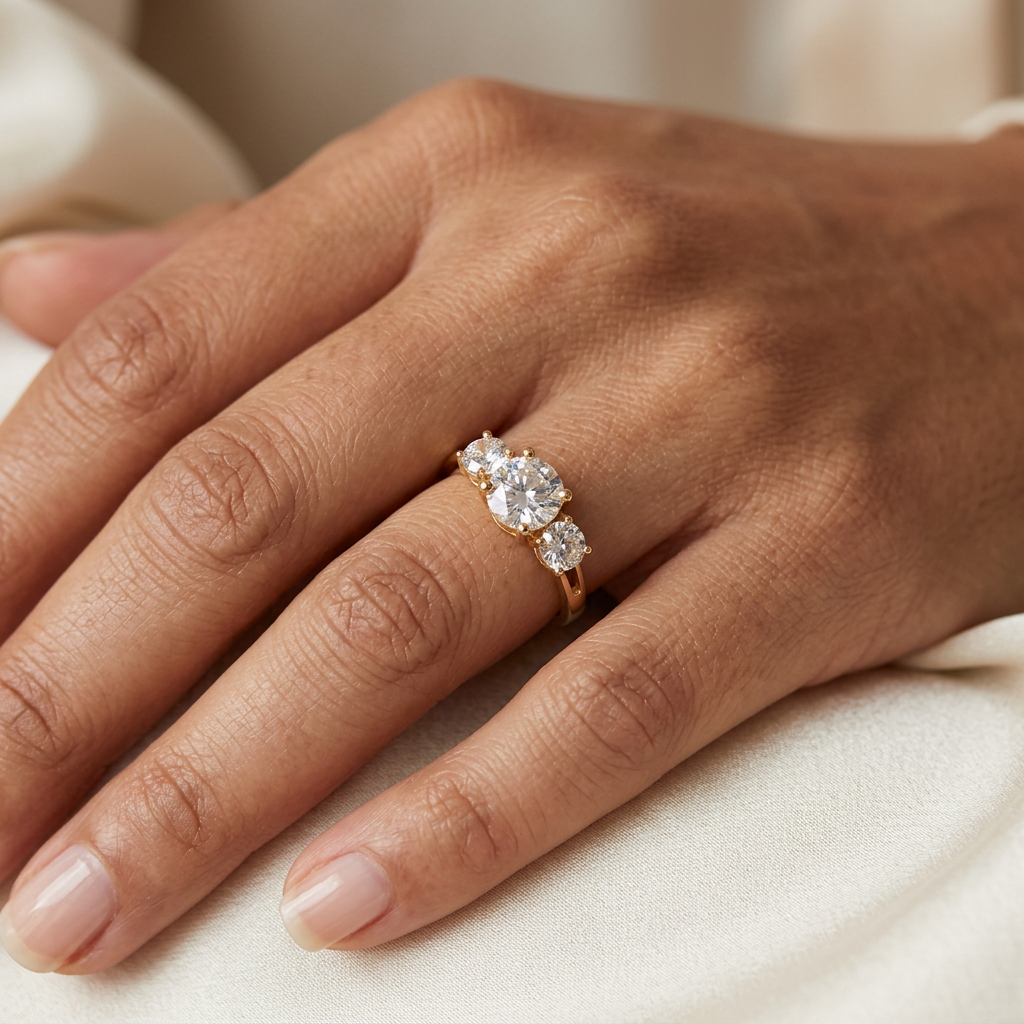14K yellow gold three-stone CZ ring worn on a hand