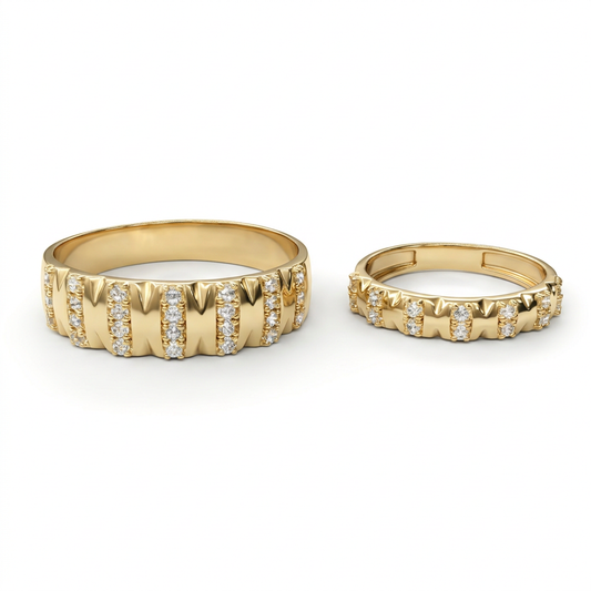 14K yellow gold wedding band set with sculpted panels and clear stone accents, sizes 6 and 13