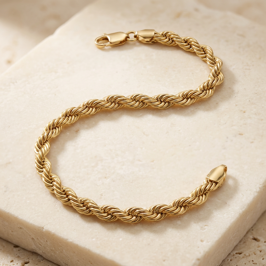 14K yellow gold rope bracelet arranged on ivory stone