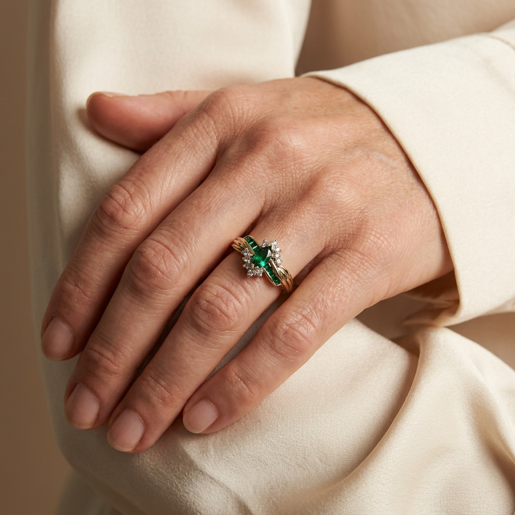 G117 synthetic emerald and diamond ring worn on a hand with a cream sleeve