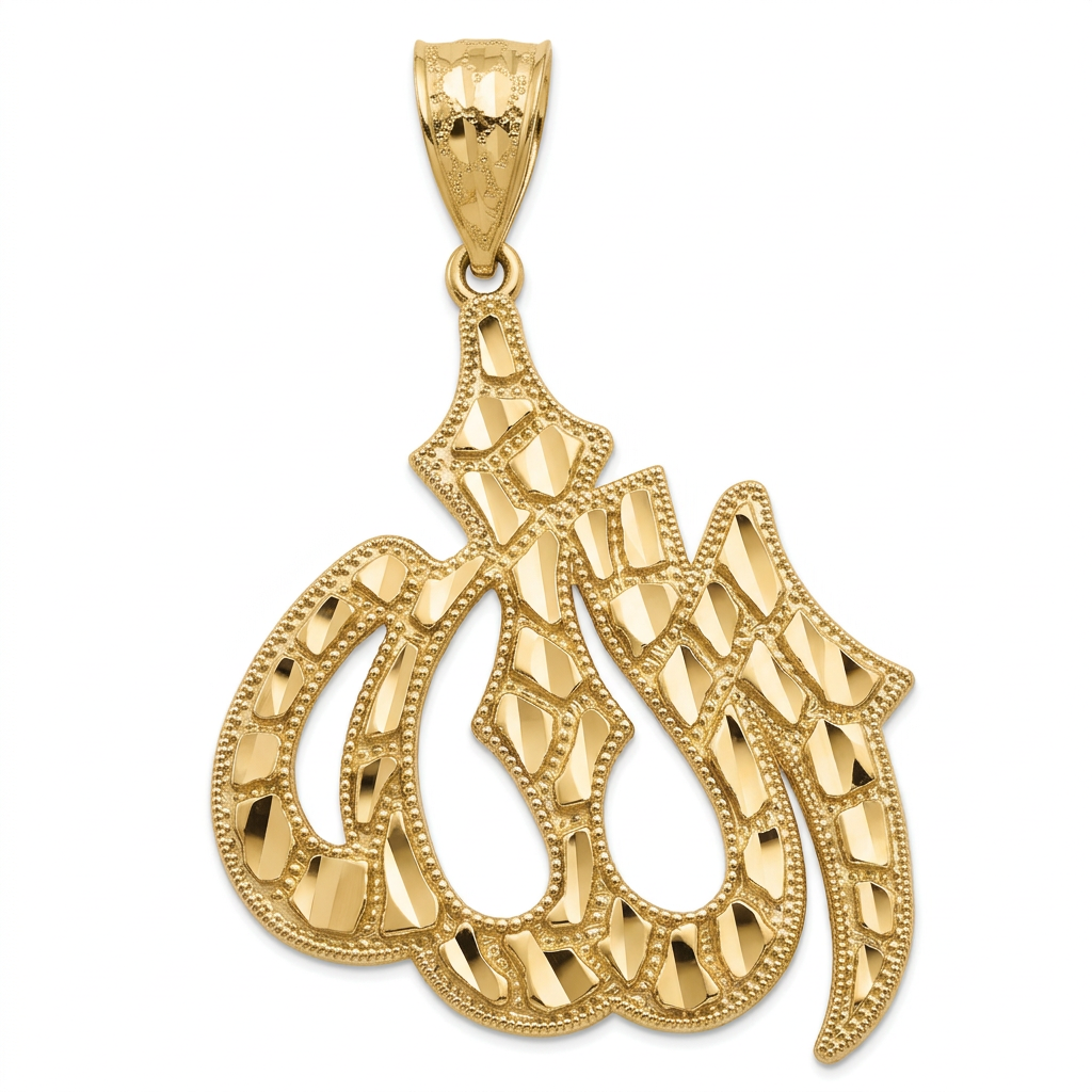 10K yellow gold Allah pendant with diamond-cut detailing, front view