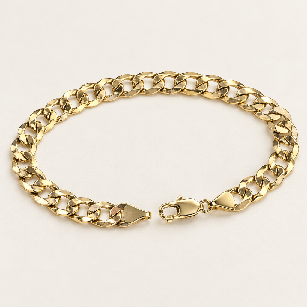 Angled view of polished yellow gold curb bracelet