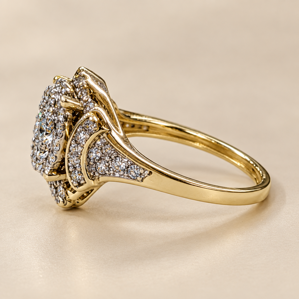 Side profile showing raised diamond cluster and ornate gold ring shoulders