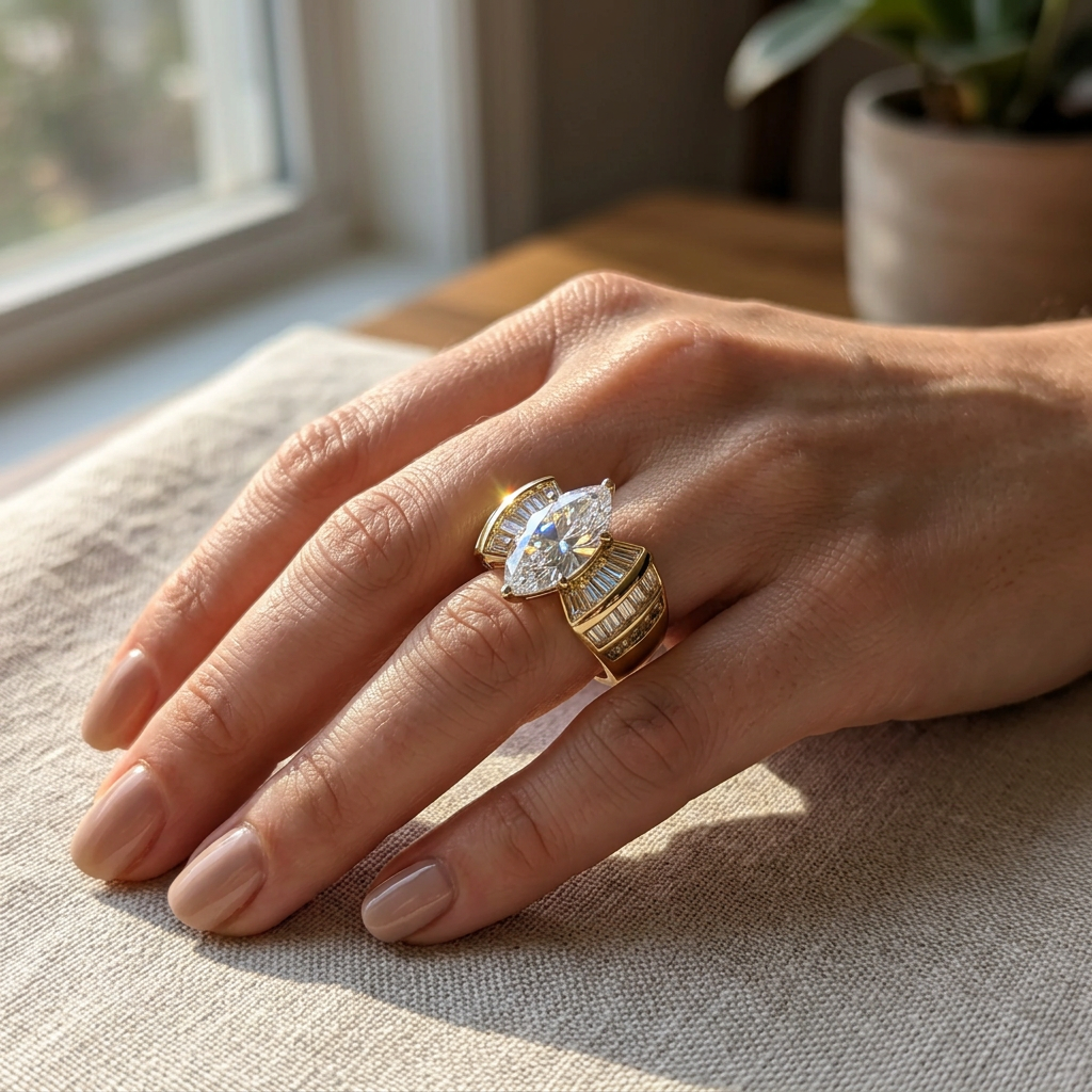 Lifestyle image of the ring worn on a hand at realistic scale
