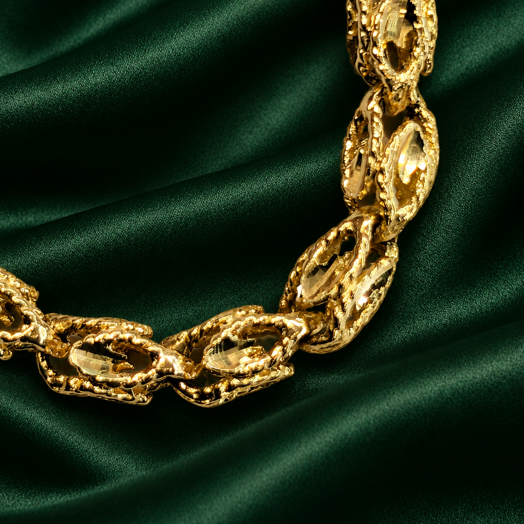 Link detail on forest-green silk